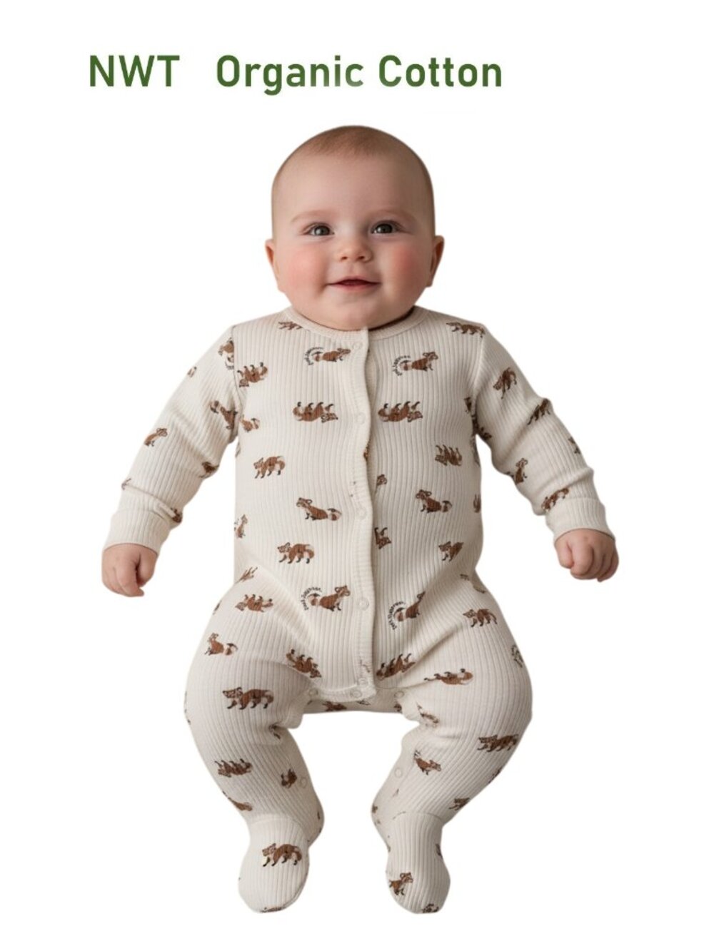 ANTEBIES Organic Cotton Footie Raccoon Print- Made in Turkey - Size 0-3M